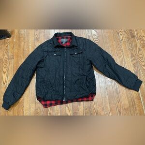 Men's Black Quilted Jacket with Red Plaid Lining
